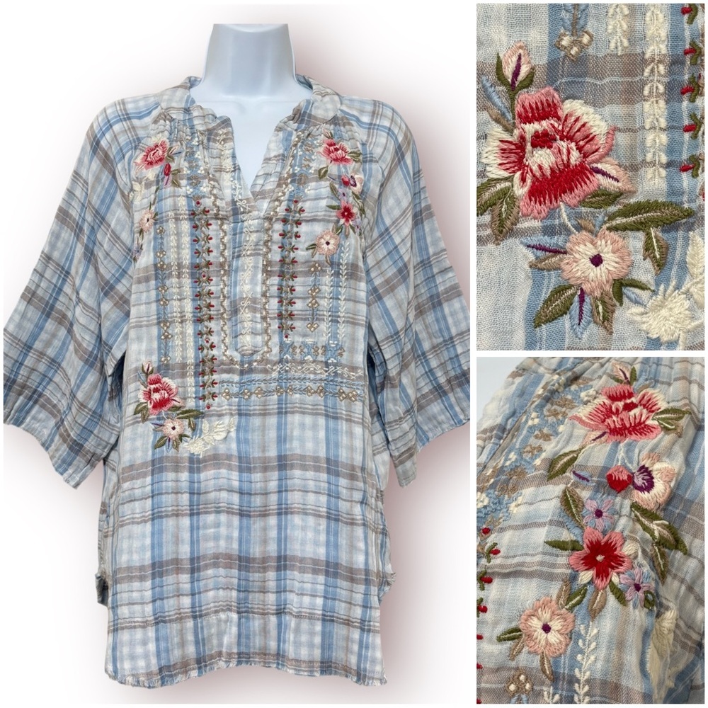 NWT Kyla Seo Sz S Embroidered Plaid Boho Western Cotton Blue Tunic Shirt Top